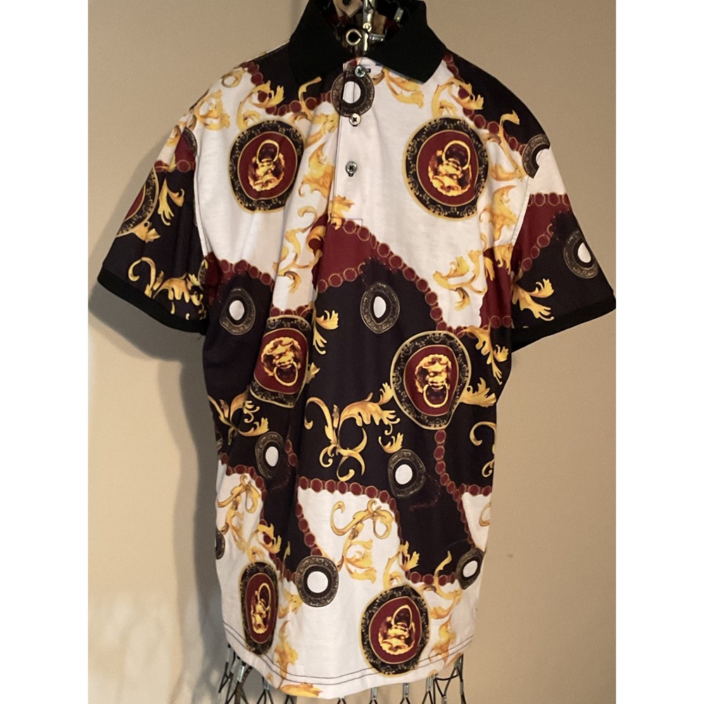 VIP Collection Mens Baroque Lion Medallion Polo Shirt Black Gold White Medium